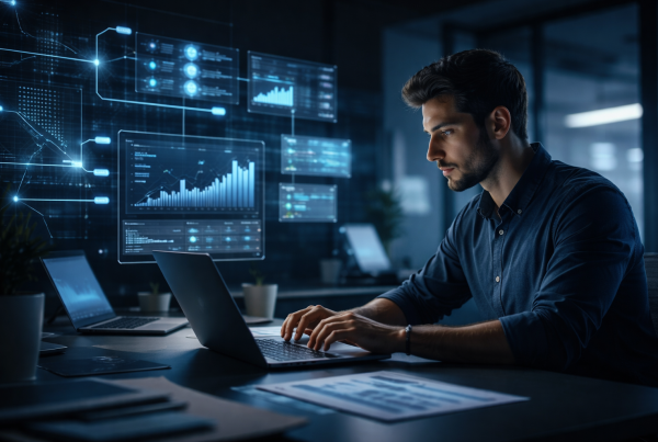 Emprendedor trabajando con sistemas digitales y visualización de datos en un entorno tecnológico para escalar su startup con control y automatización